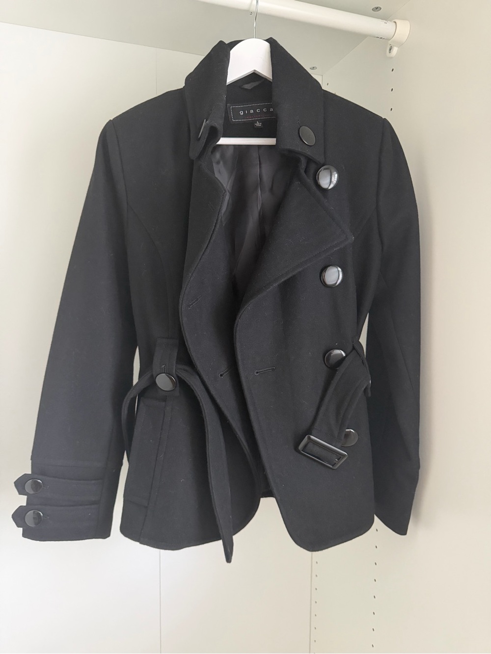 giacca Black Double-Breasted Pea Coat with Belt